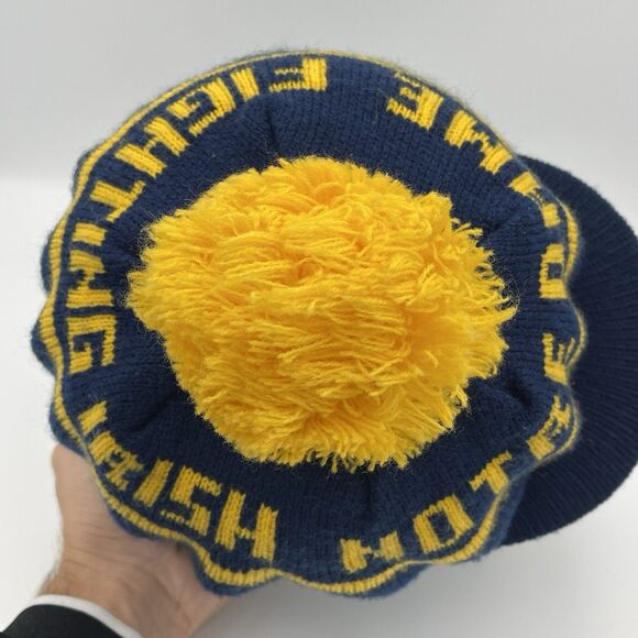 Vintage 90s Notre Dame Fighting Irish Blue Knit Brimmed Stocking Beanie Pom Hat - Picture 6 of 14